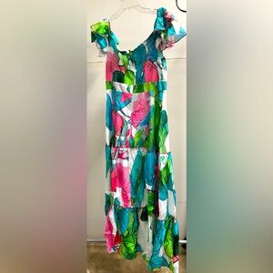 Loragal Sweet Heart Neck Empire Tiered Skirt Midi Dress Size M. Green Floral.